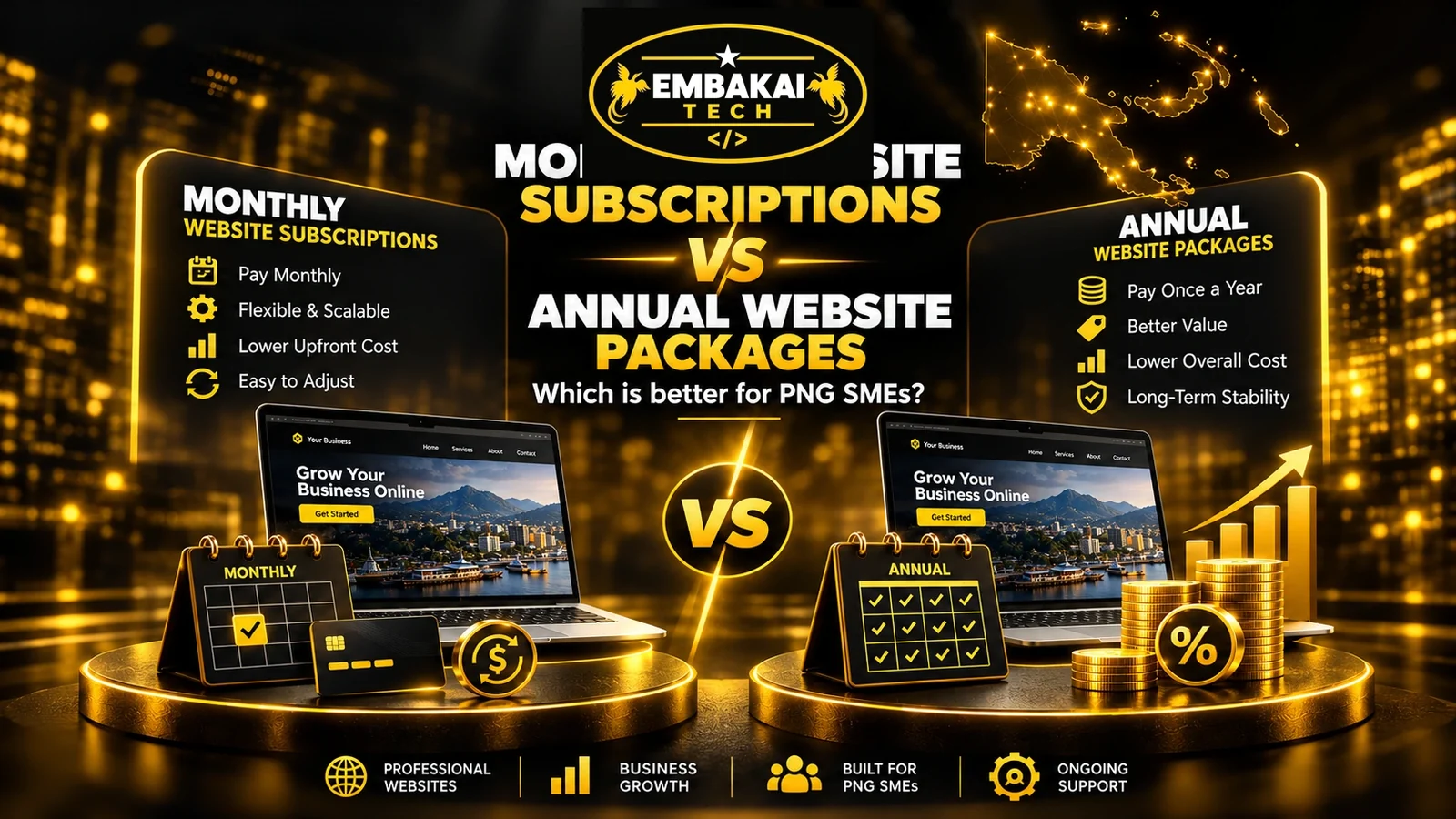 Monthly Website Subscriptions vs Annual Website Packages: Which Is Better for PNG SMEs? article by Embakai Tech Solutions